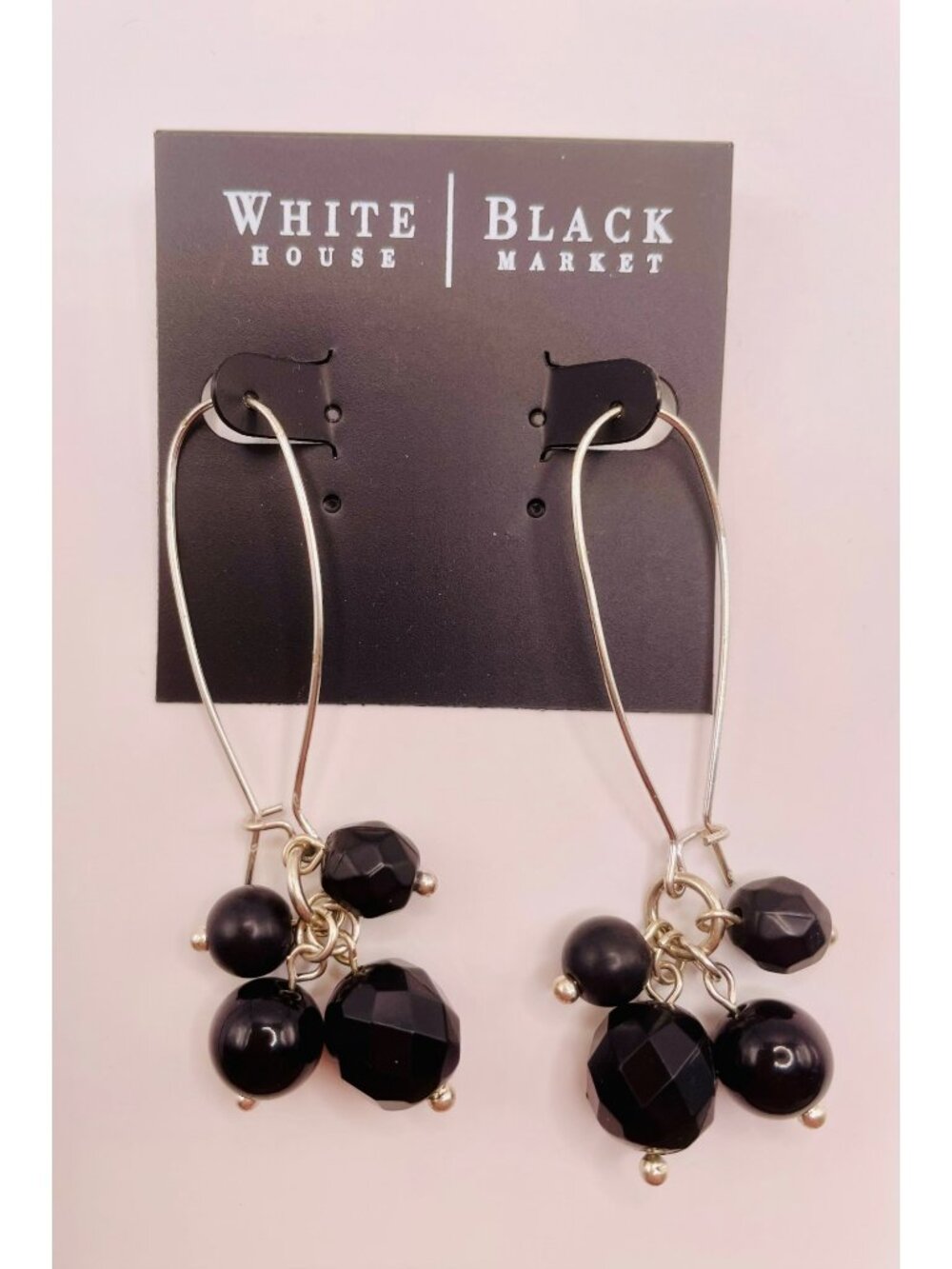 White House Black Market Silver Dangle Earrings Black Beaded Accents -1B